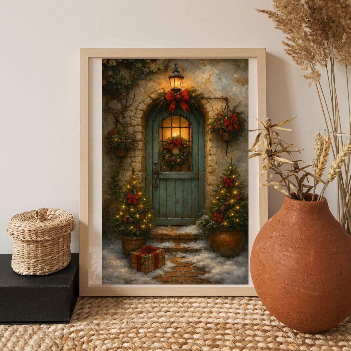 Cozy Christmas Cottage Doorway Snowy Wreath Lantern Wall Print