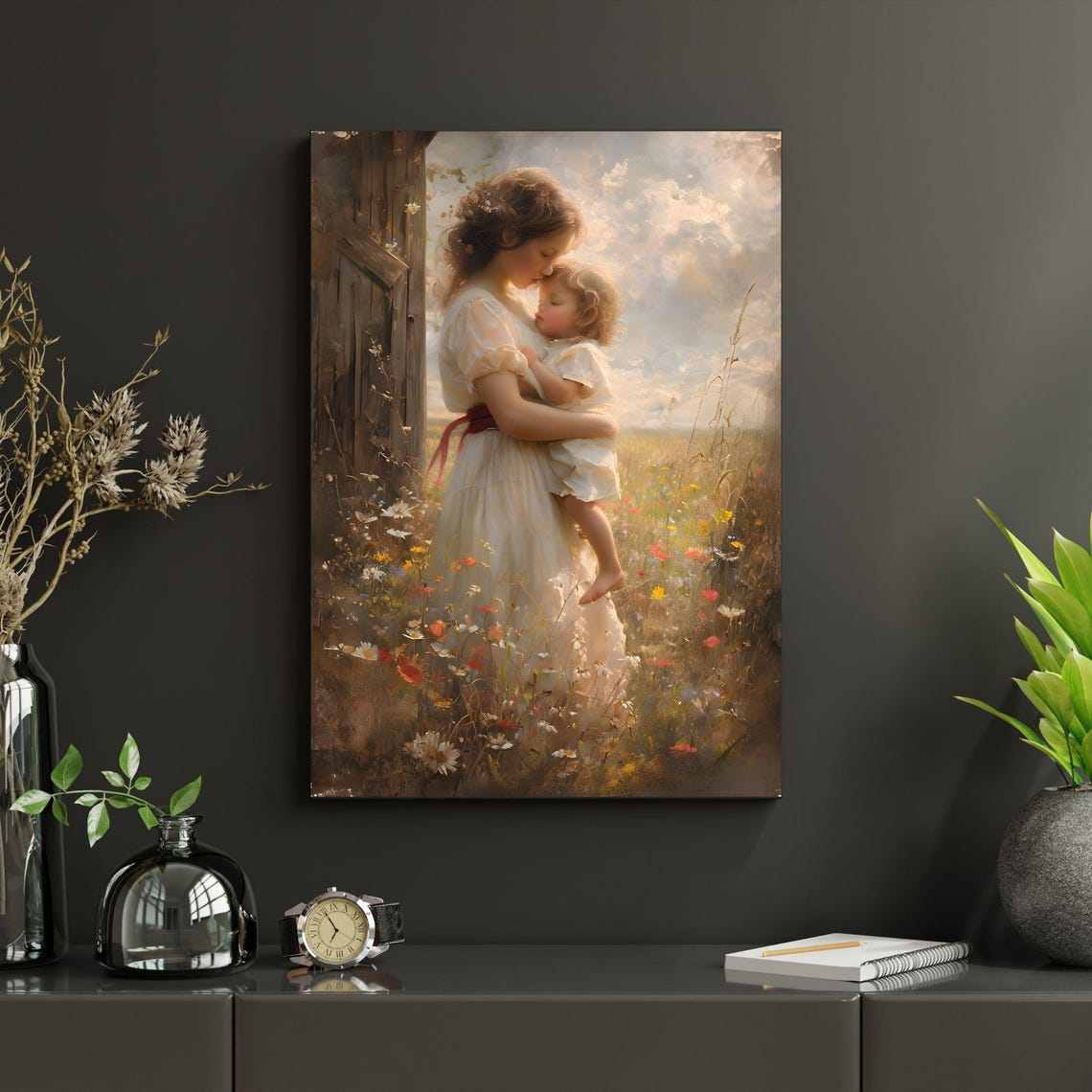 Vintage Mother and Child Floral Field Painting Nursery Poster