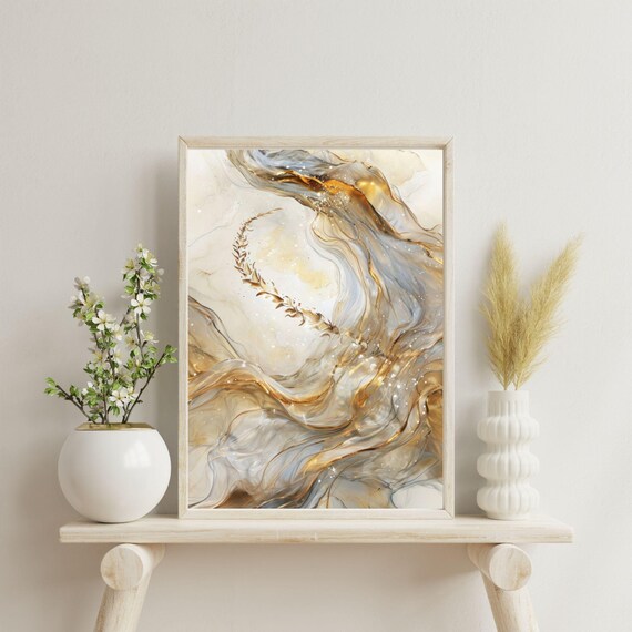 Elegant Abstract Art Gold Neutral Swirling Wall Print Luxury Artwork