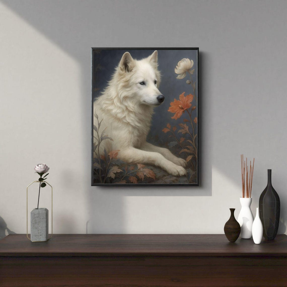 Serene White Wolf Wall Art Animal Decor Boho Floral Wildlife Hayalmeyal Workshop