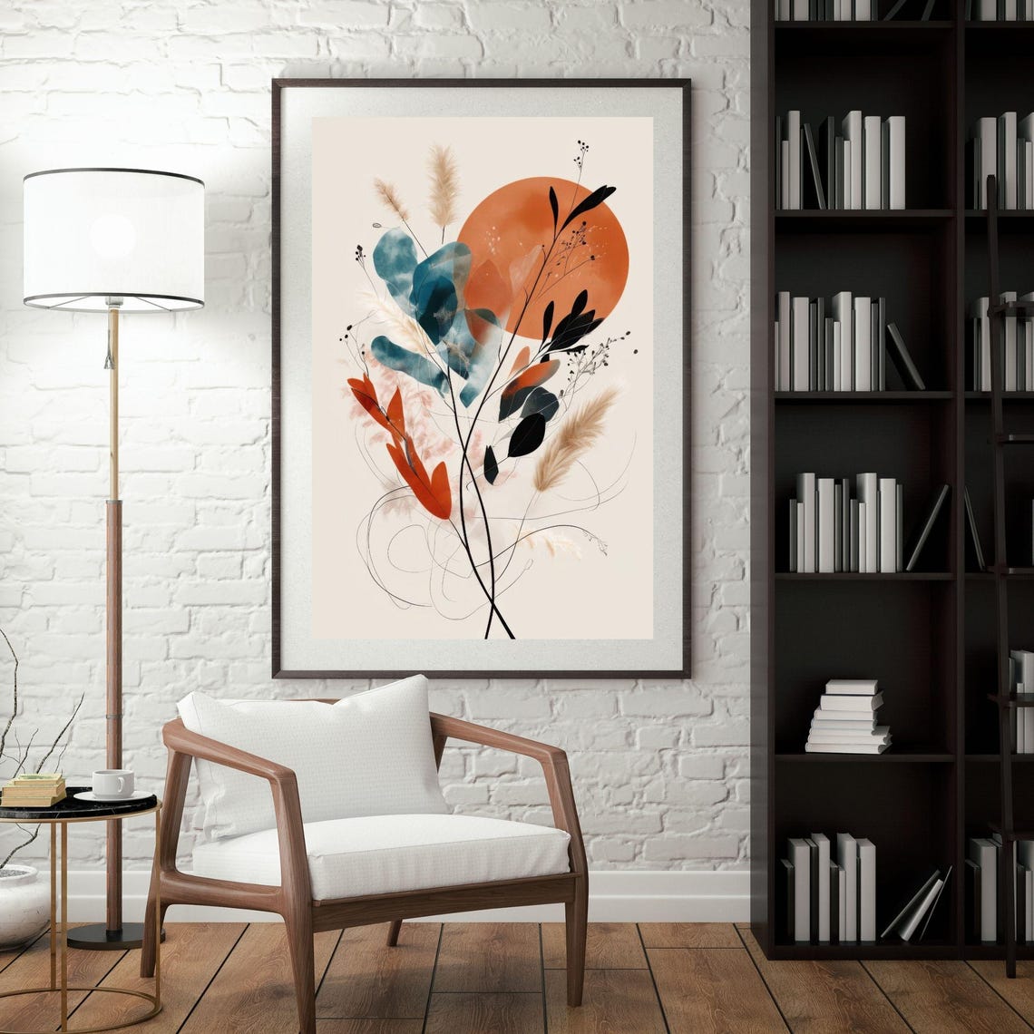 Minimalist Botanical Line Art With Orange Sun Modern Art Print