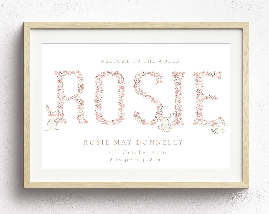 Rosie May Donnelly Floral Name Letters Bunny Nursery Keepsake Print