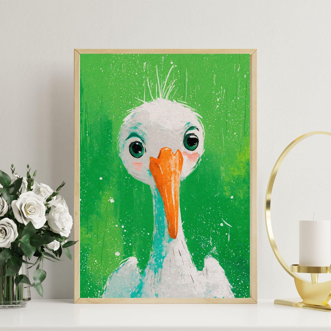 Cute White Stork Orange Beak Funny Bird Green Nursery Poster