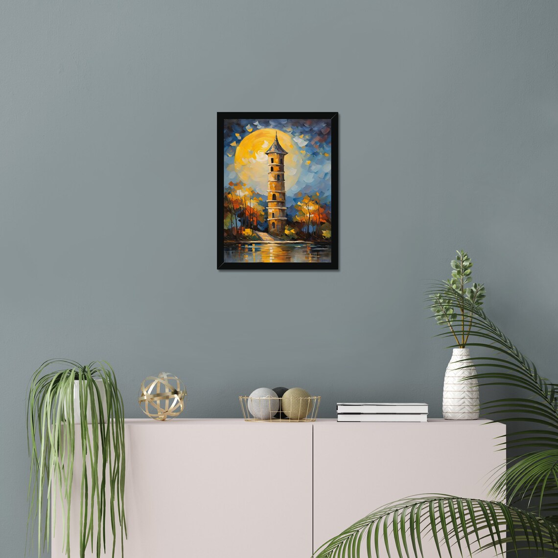 Stone Tower Full Moon Night Autumn Trees Lake Reflection Fantasy Art Poster - Image 2