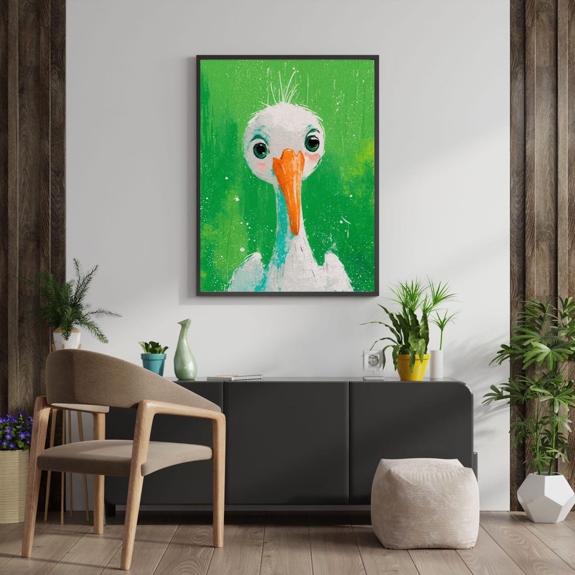 Cute White Stork Orange Beak Funny Bird Green Nursery Poster - Image 4