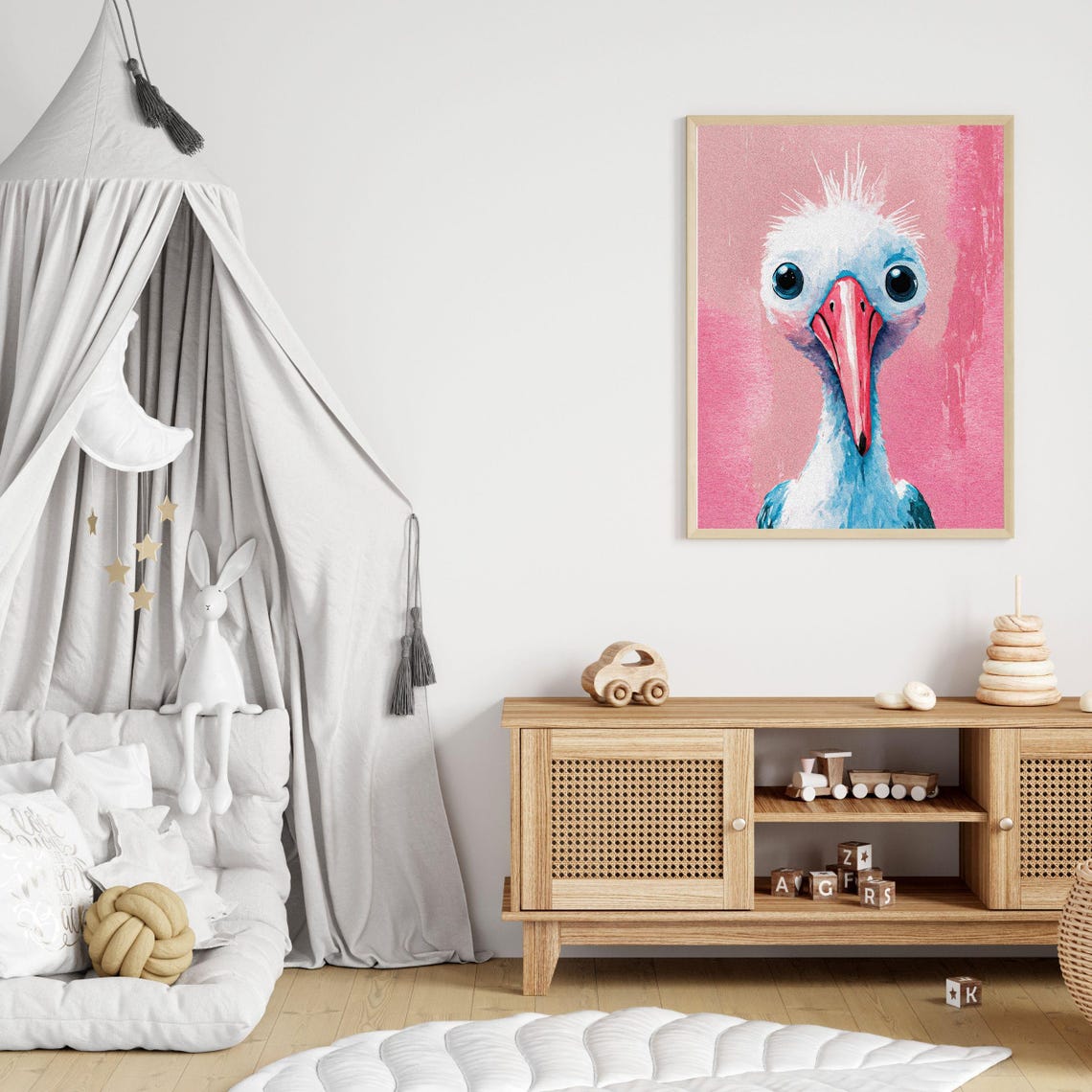 Quirky Blue Stork Pink Background Bird Portrait Nursery Wall Art - Image 6