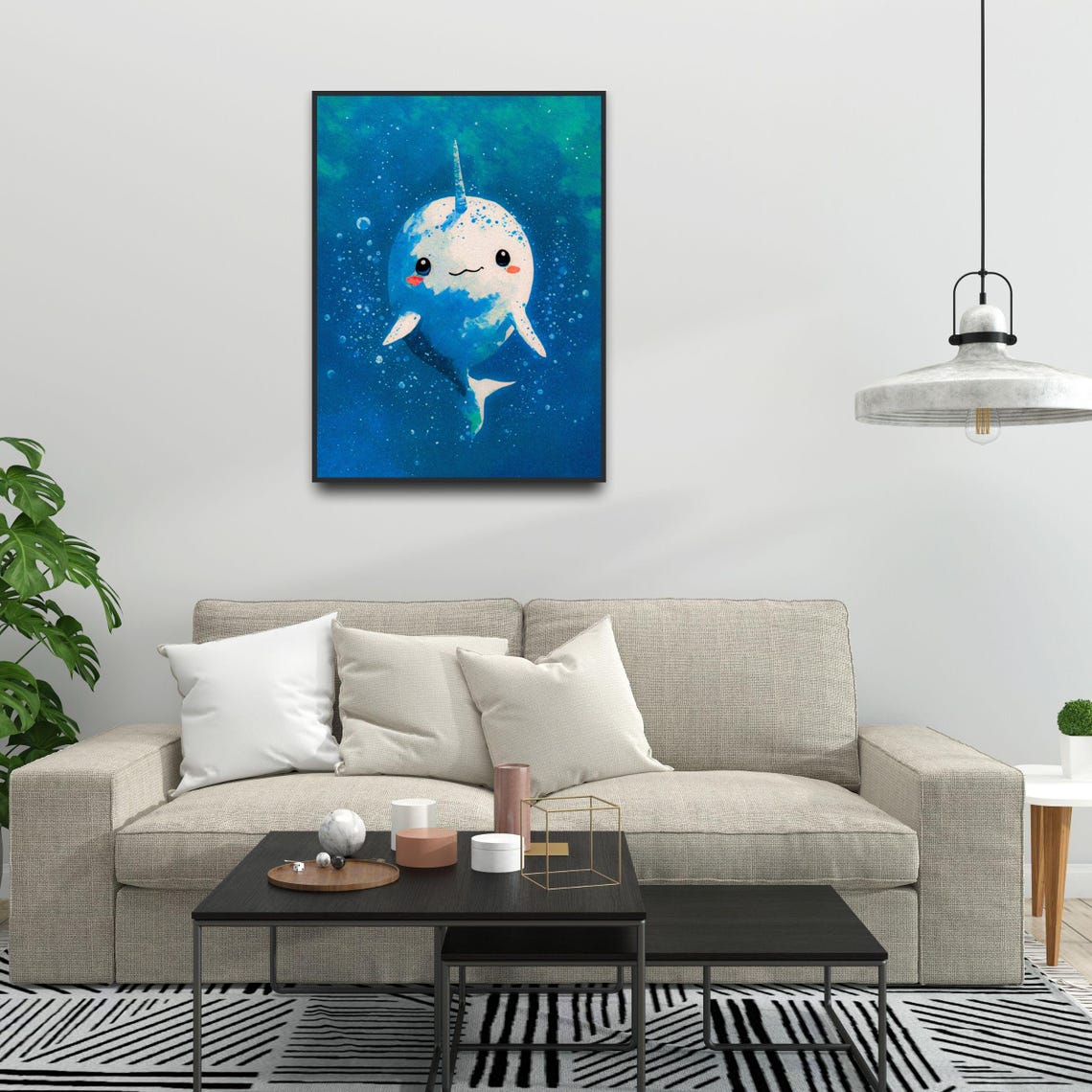 White Baby Narwhal Blue Ocean Nursery Kids Room Animal Wall Art - Image 2
