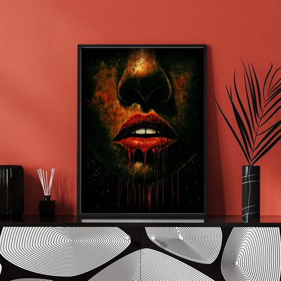 Dark Surreal Horror Portrait Close Up Red Lips Dripping Gothic Art Print