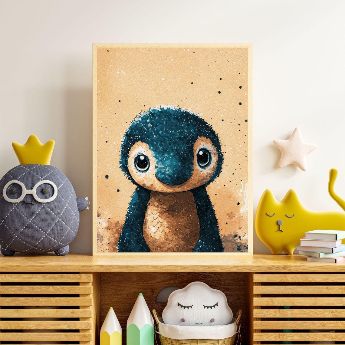 Adorable Baby Penguin Big Eyes Tan Splatter Nursery Animal Wall Art - Image 6
