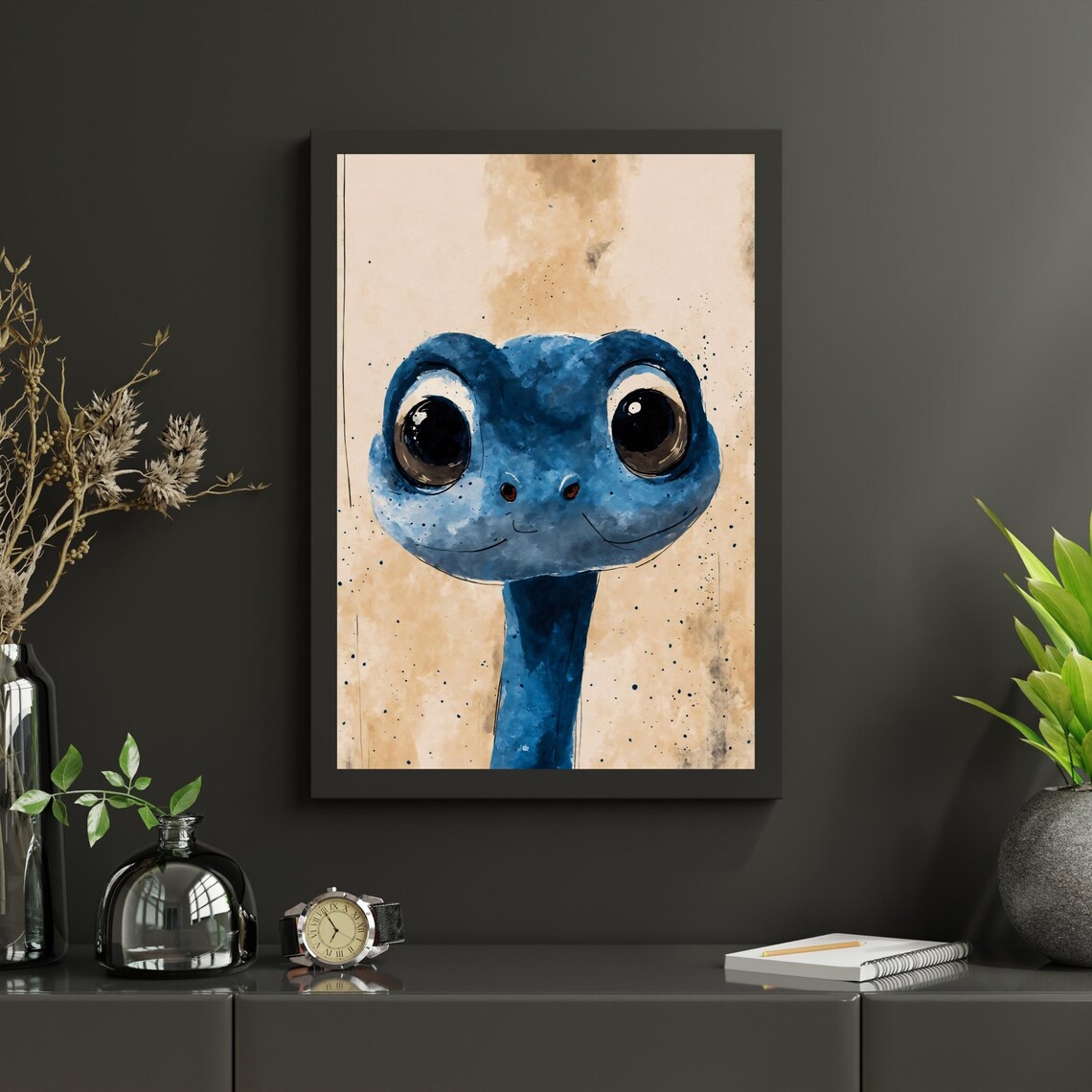 Cute Blue Baby Snake Watercolor Portrait Big Eyes Kids Room Art Print - Image 2