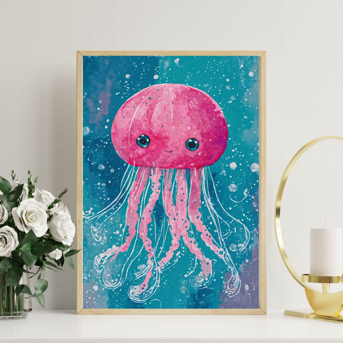 Pink Jellyfish Art Print Sweet Ocean Creature Wall Hanging Playful Blue And Teal Spotted Illustration For Girls Room 8x10 12x16 18x24 - Image 2