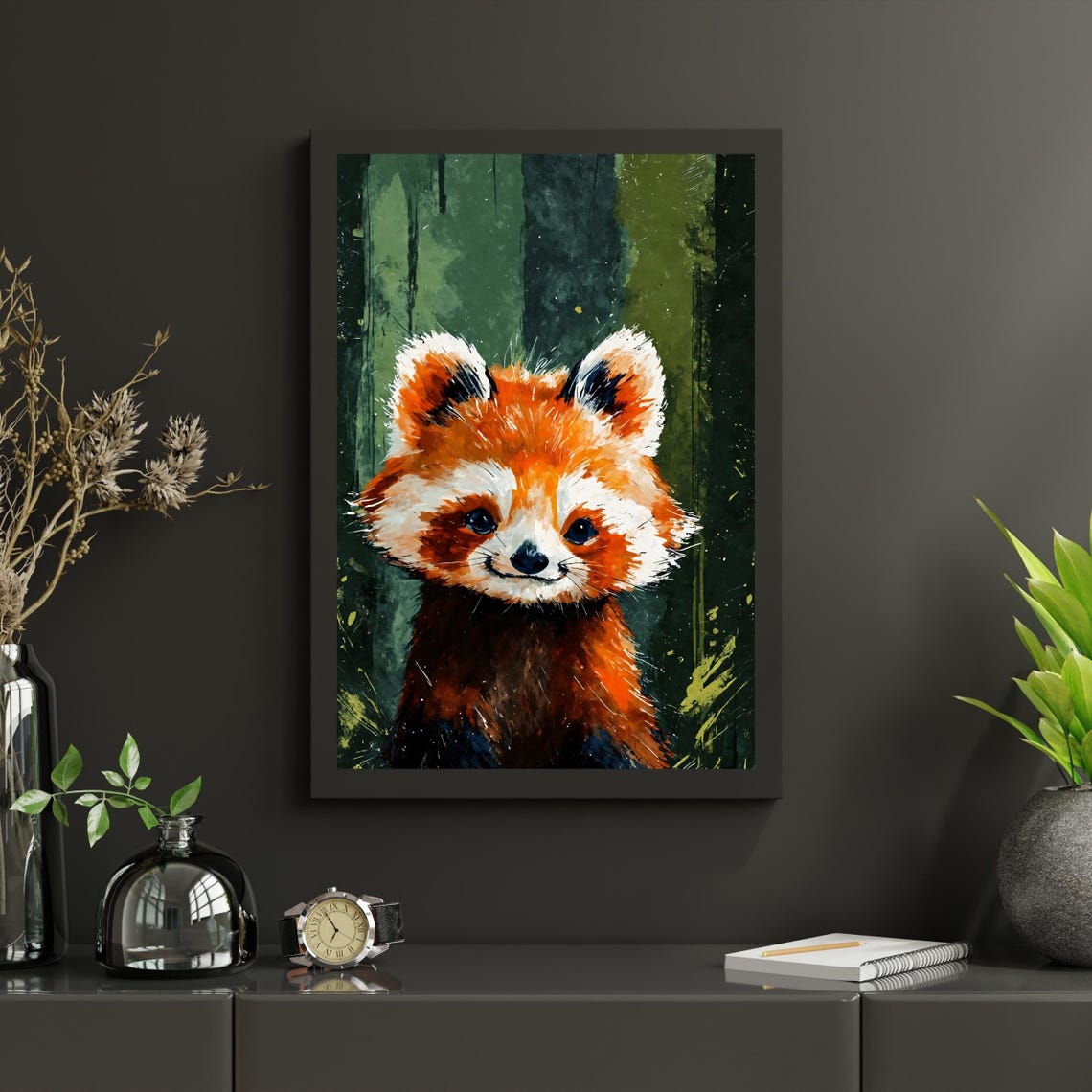Cute Baby Red Panda Watercolor Portrait Green Forest Nursery Art Print