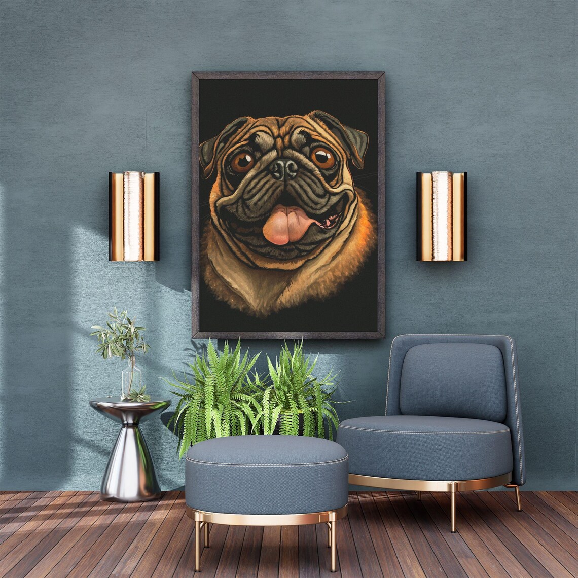 Goofy Happy Pug Tongue Out Black Background Dog Portrait Poster - Image 6