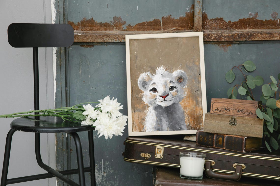 Adorable White Lion Cub Portrait Watercolor Safari Nursery Poster - Image 3