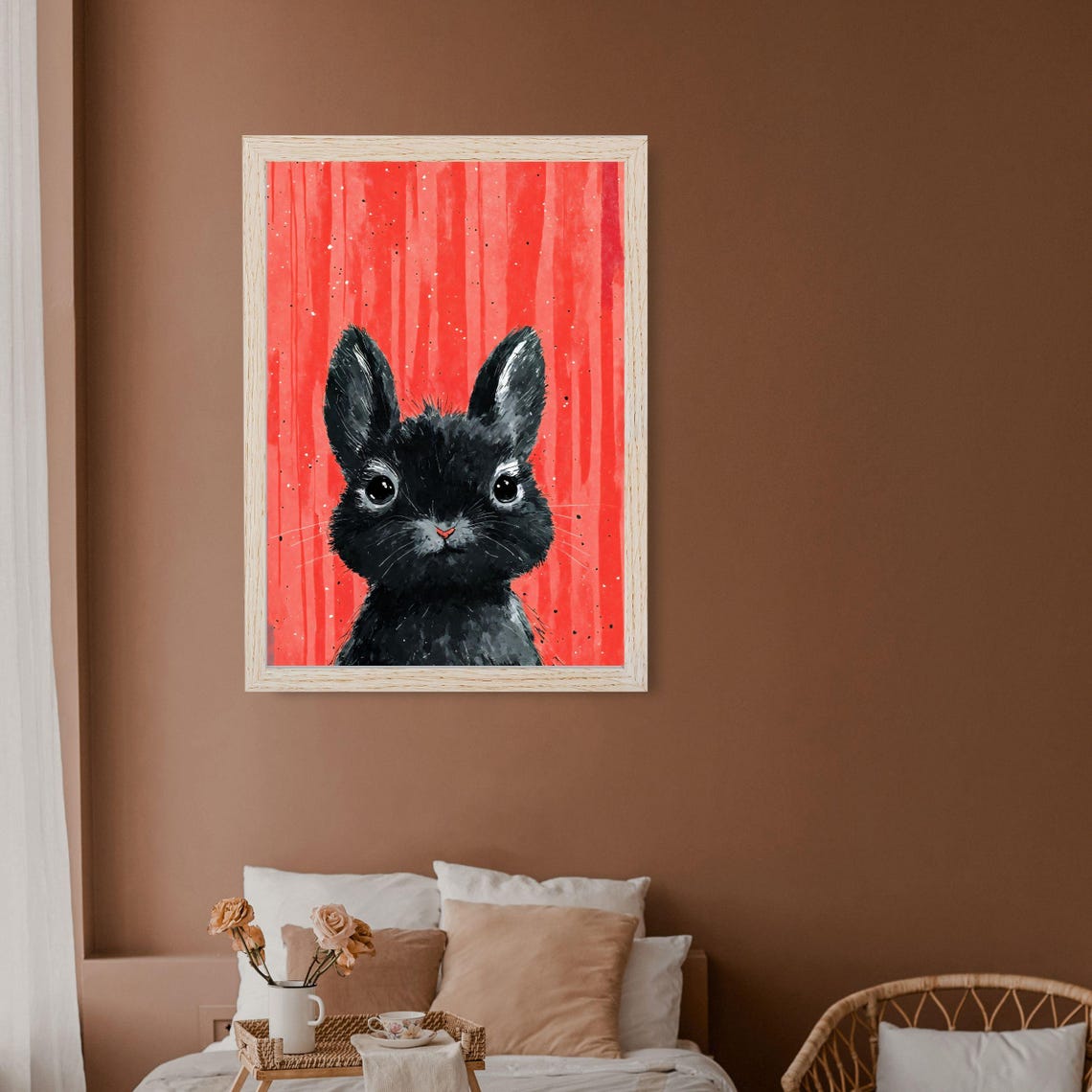 Cute Black Bunny Watercolor Portrait Baby Rabbit Coral Red Art Print - Image 4