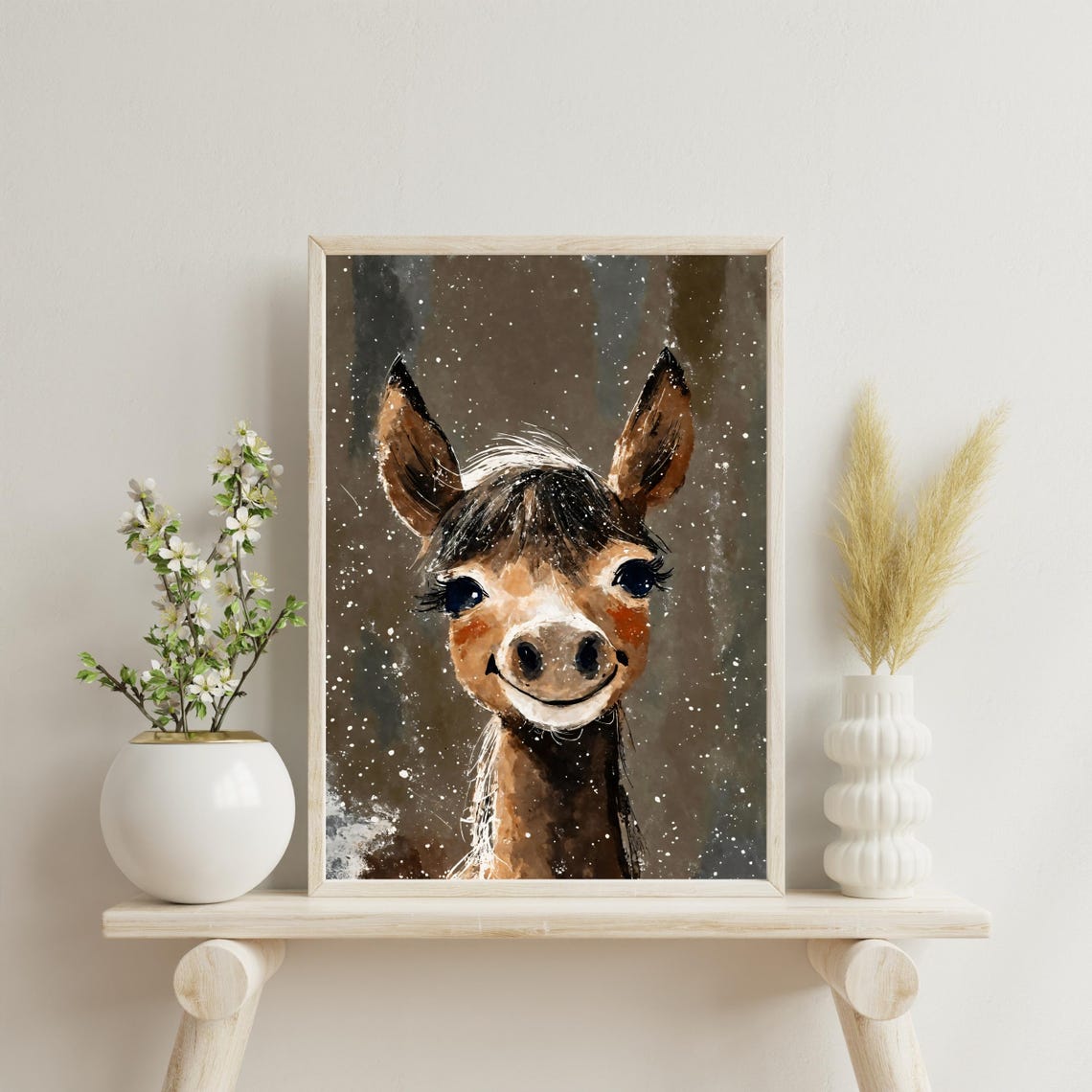 Cute Baby Llama Watercolor Portrait Starry Night Kids Room Art Print