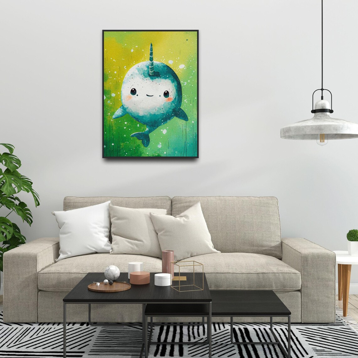 Smiling Baby Narwhal Teal Splatter Ocean Animal Nursery Wall Art - Image 3