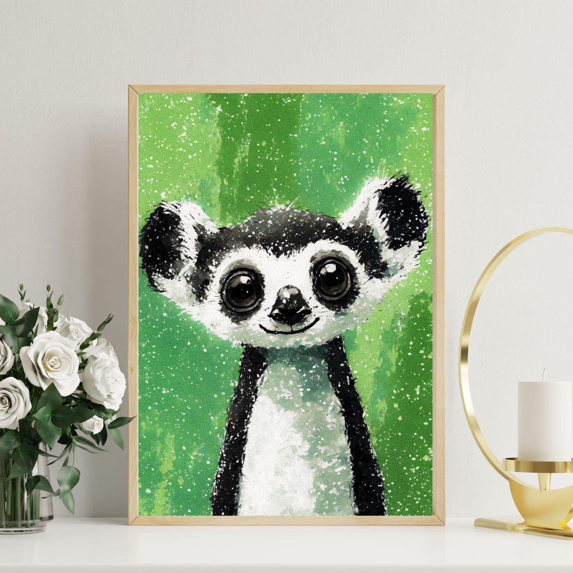 Cute Baby Lemur Big Eyes Green Splatter Nursery Animal Wall Art - Image 3