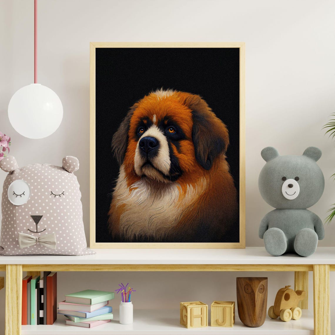 St Bernard Puppy Gentle Giant Dog Portrait Black Background Poster
