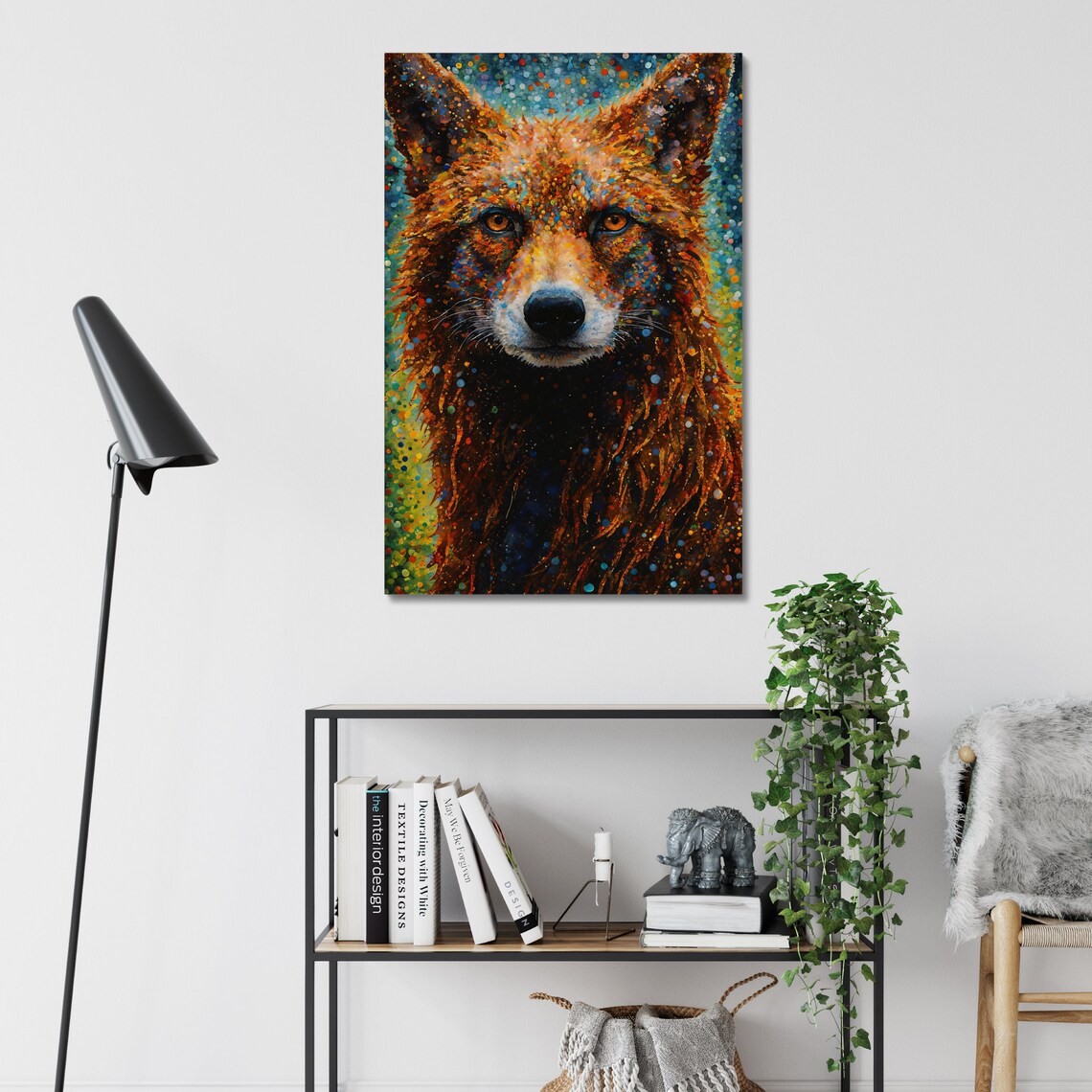 Red Fox Front Portrait Teal Background Pointillism Wildlife Wall Poster - Image 3