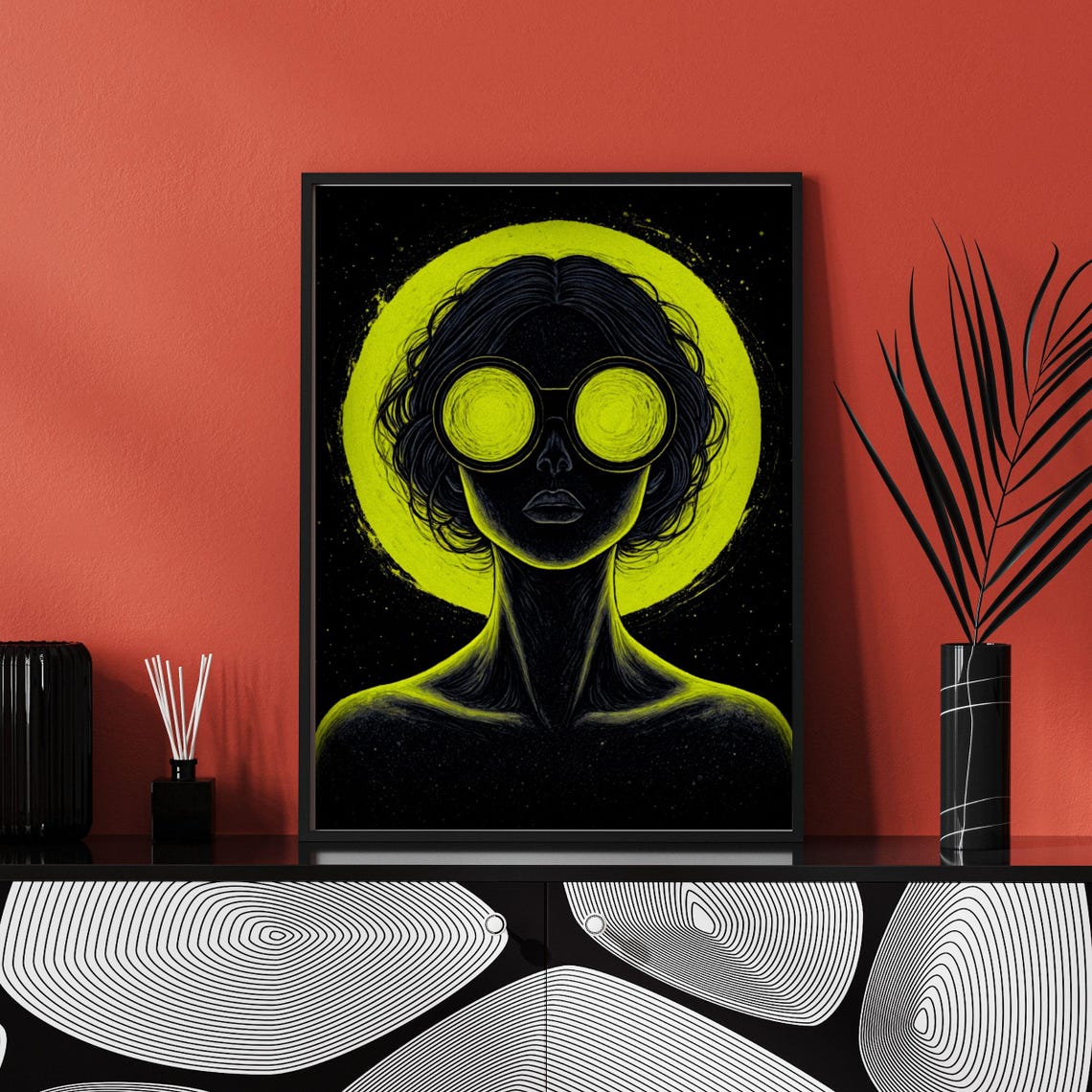 Surreal Steampunk Female Portrait Neon Yellow Halo Round Goggles Print - Image 2