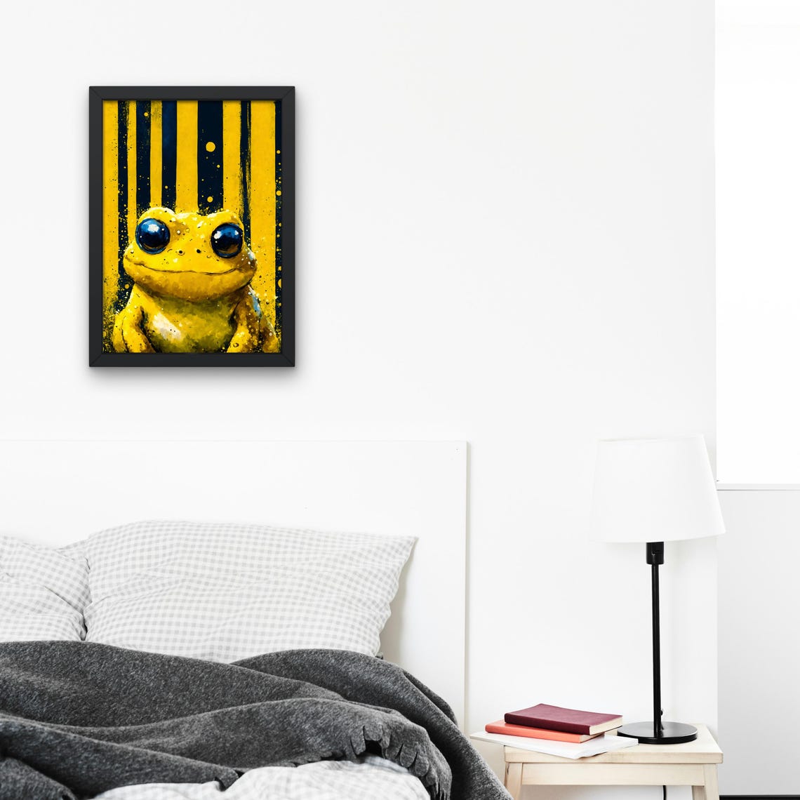 Golden Yellow Frog Big Eyes Portrait Bold Striped Background Poster - Image 2