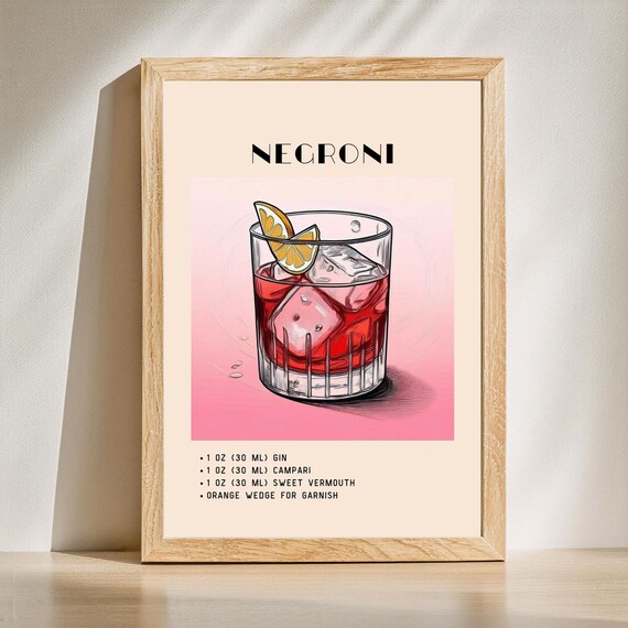 Negroni Cocktail Print, Minimalist Retro Vintage