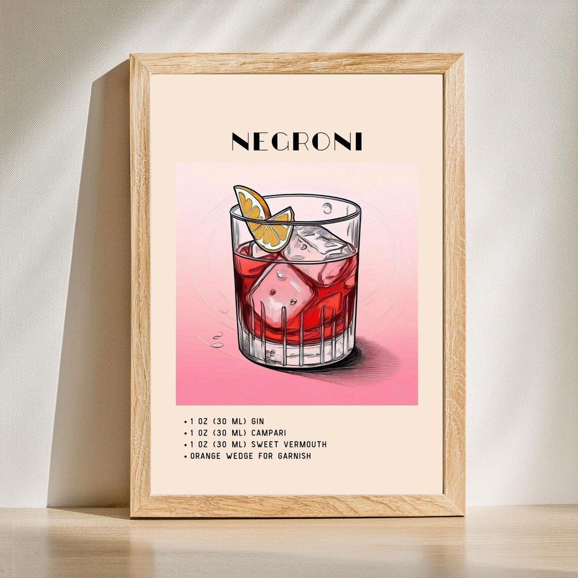 Negroni Cocktail Print, Minimalist Retro Vintage
