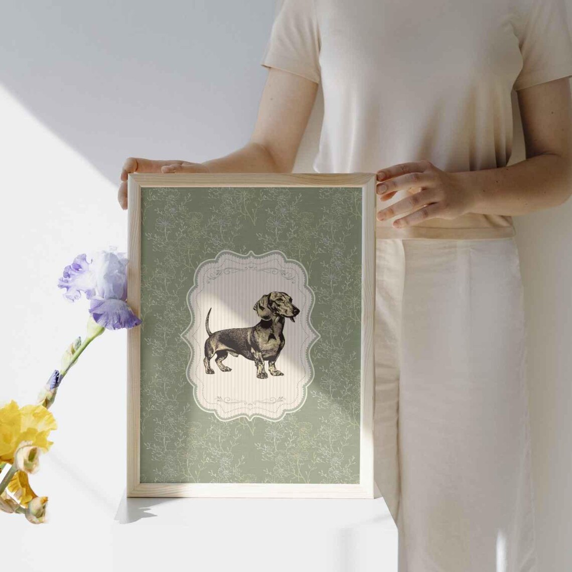 Vintage Dachshund Nursery Decor, Floral Dog Sketch - Image 2