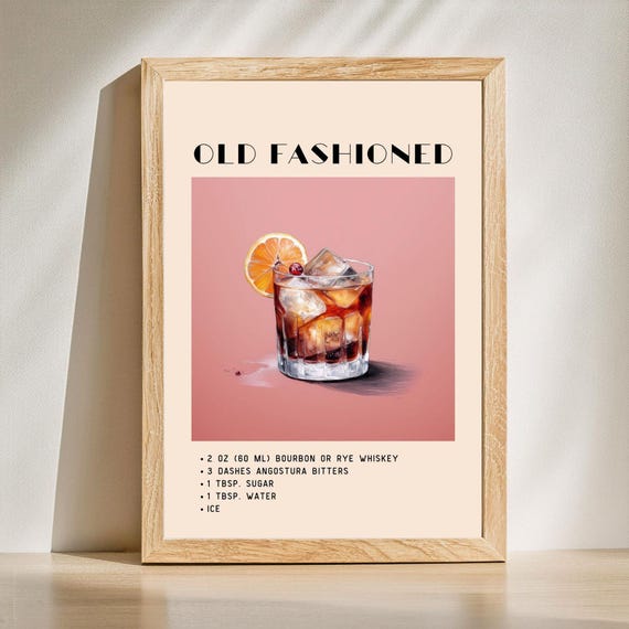 Old Fashioned Print, Green Minimalist Retro Bar Cart Decor