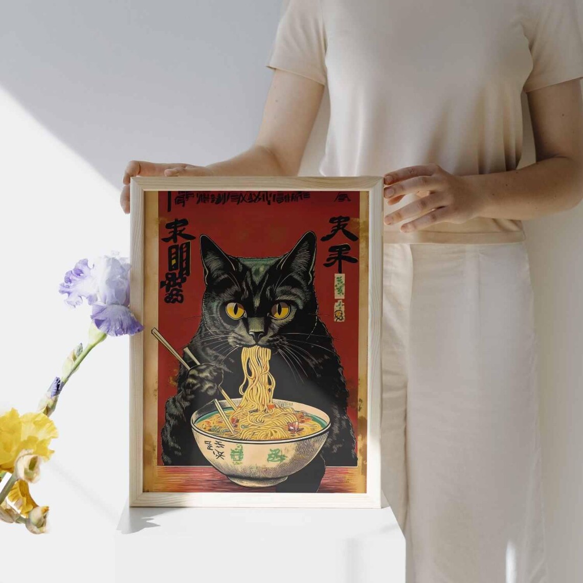 Vintage Cat Eating Ramen, Retro Japanese Poster - Image 4