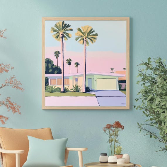 Palm Springs House Canvas Art Modern Desert Architecture Midcentury Style Wall Decor For Living Room Office And Bedroom Vibrant Artwork