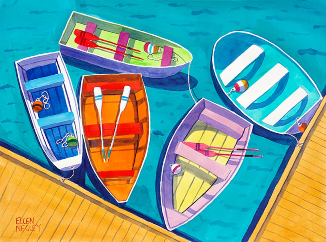Colorful Rowboats Moored at Wooden Dock Watercolor Art Poster