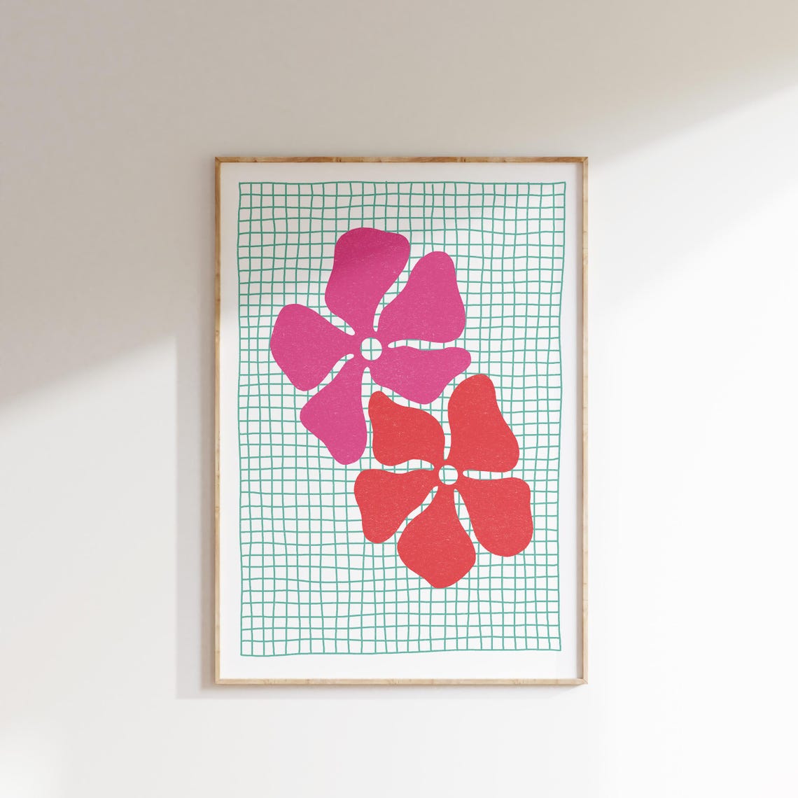 Pink Red Blooms Green Grid Bold Pop Art Floral Statement Poster