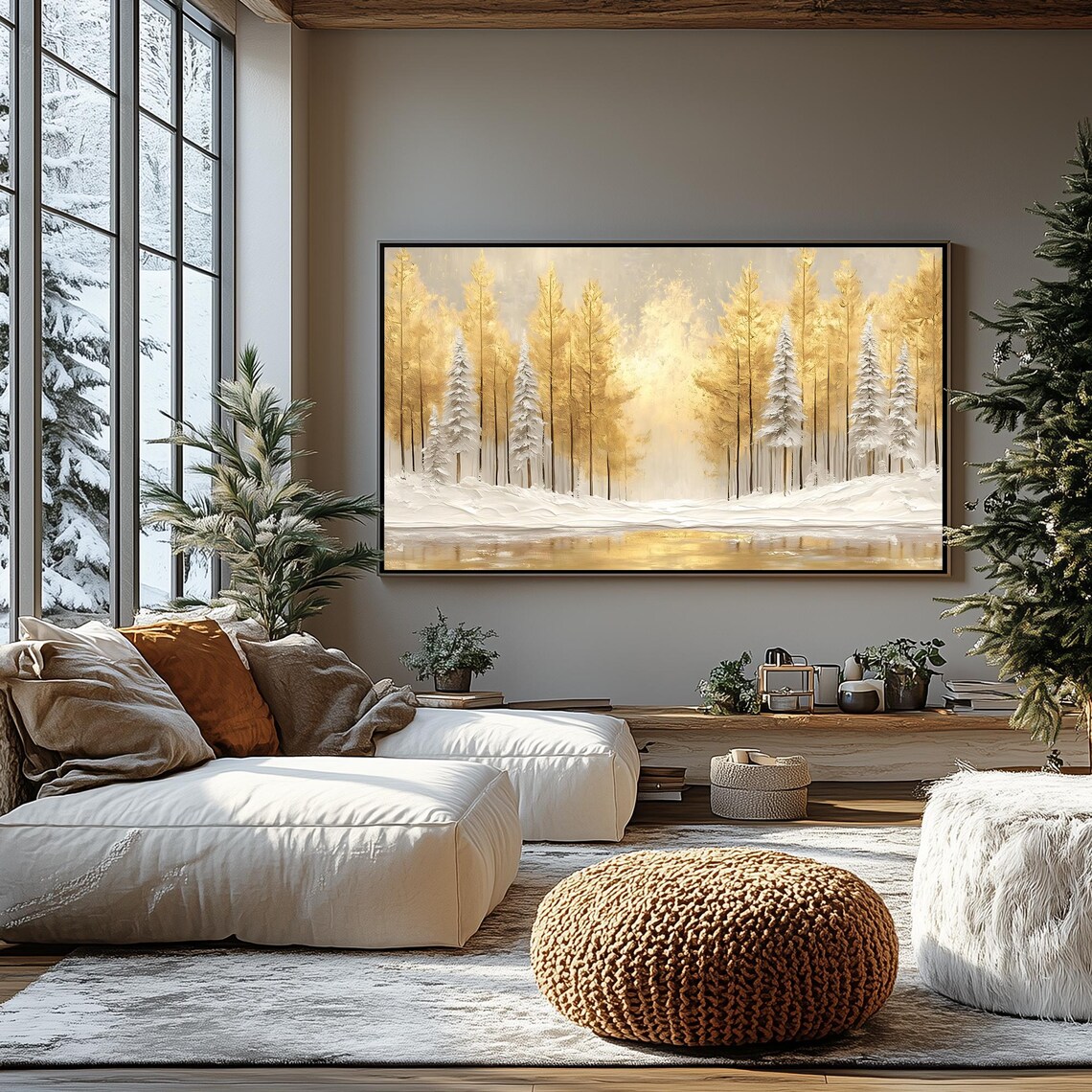 Golden Winter Forest Snowy Birch Trees Warm Light Woodland Frame TV Poster - Image 4
