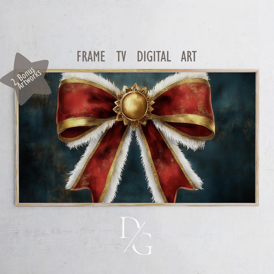 Red Velvet Christmas Bow with Gold Trim on Dark Teal Holiday Poster