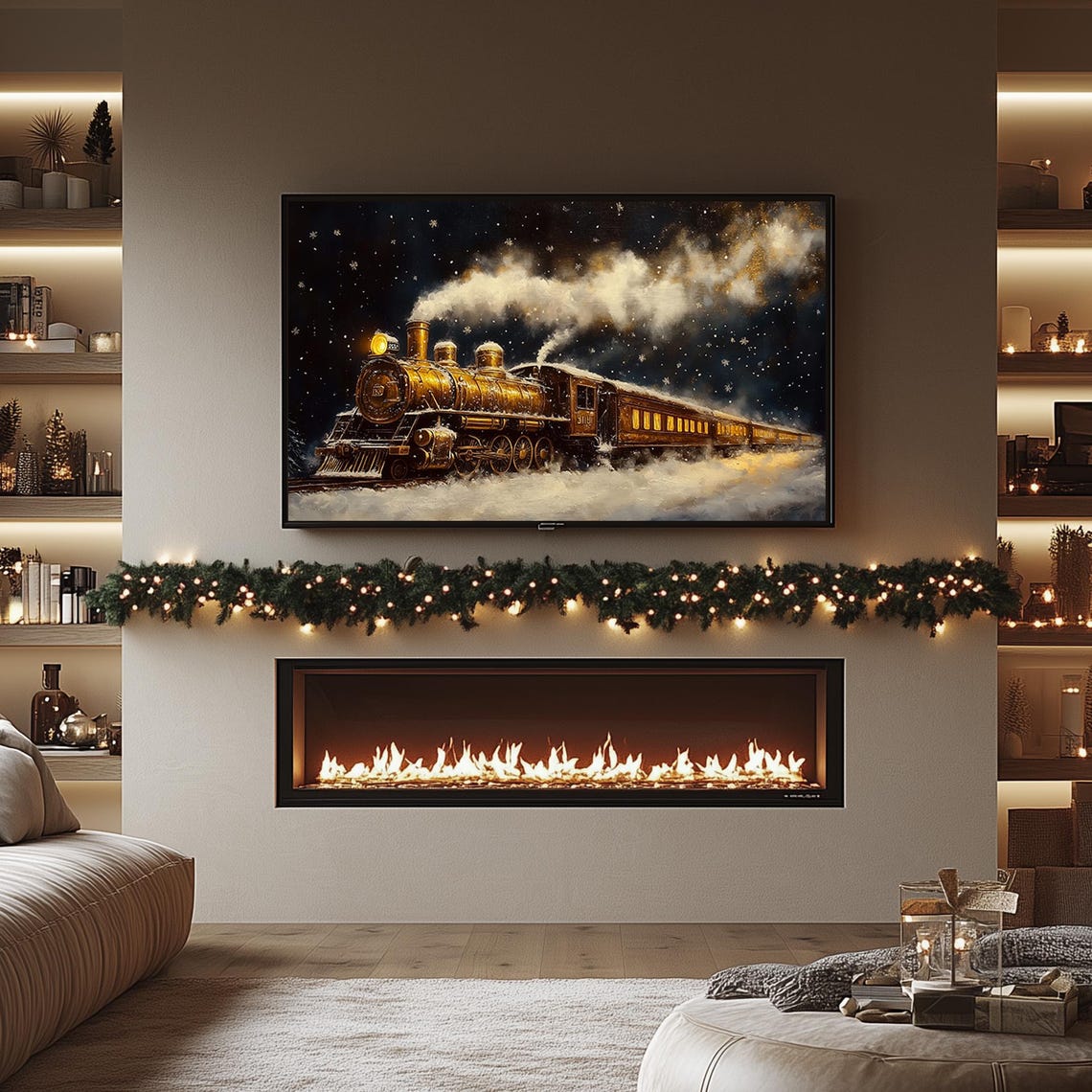 Golden Steam Train Christmas Night Snowy Winter Scene Frame TV Poster - Image 3
