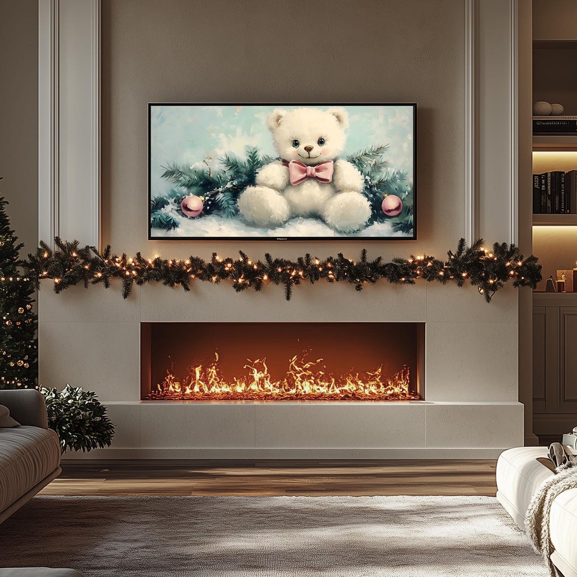 Cute White Teddy Bear with Pink Bow in the Snow Holiday Poster - Image 4