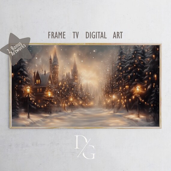 Snowy Castle Village with Glowing Lanterns Winter Frame TV Poster