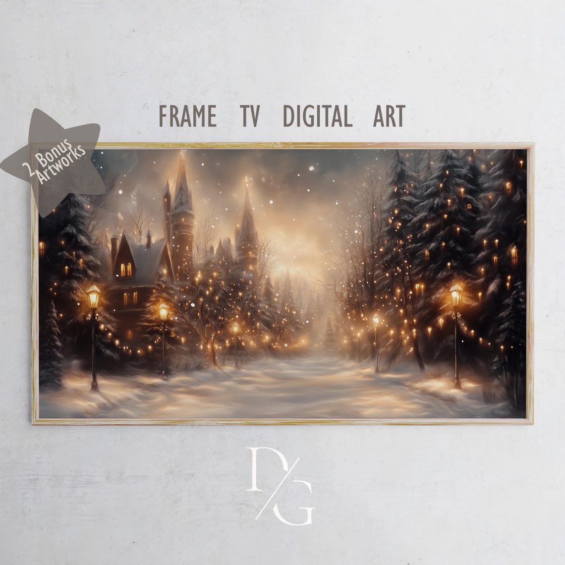 Snowy Castle Village with Glowing Lanterns Winter Frame TV Poster