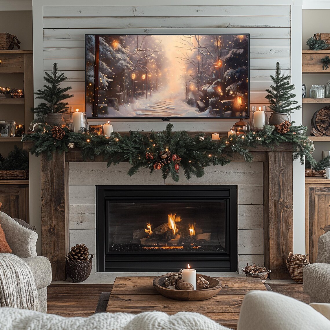 Winter Lantern Pathway Glowing Snowy Forest Night Lights Frame TV Poster - Image 2