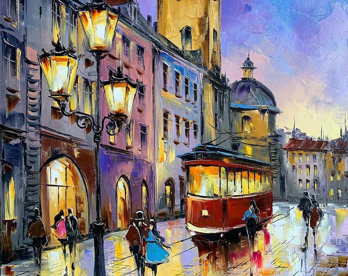 European Old Town Tram Street Lamps Evening Oil Painting Art Poster