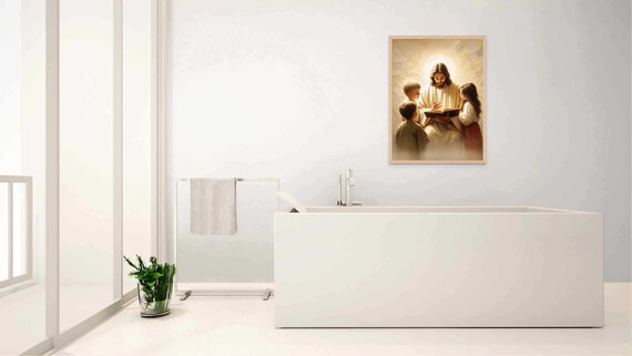 Jesus Teaching Children with Book Halo Glow Christian Poster