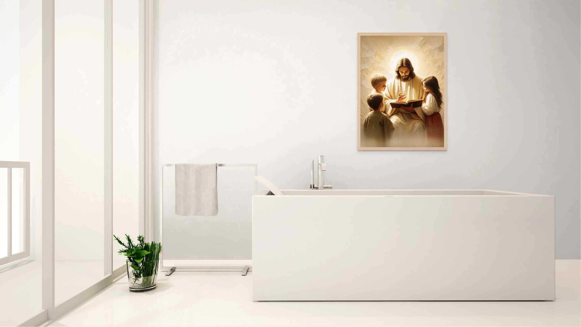 Jesus Teaching Children with Book Halo Glow Christian Poster