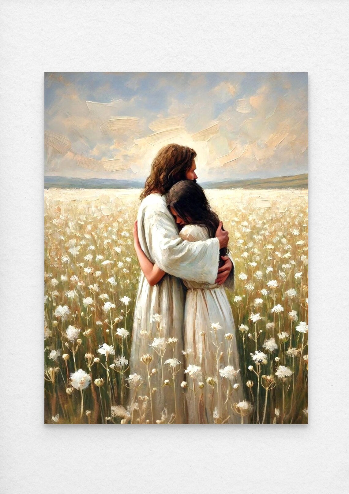 Jesus Embracing Woman in Golden Wildflower Field Sunset Poster