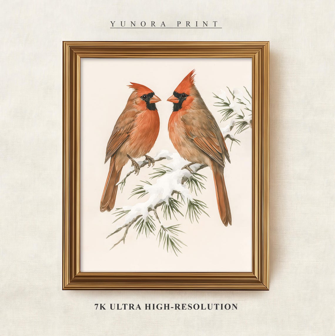 Two Red Cardinals Snowy Pine Branch Winter Songbird Pair Wall Print