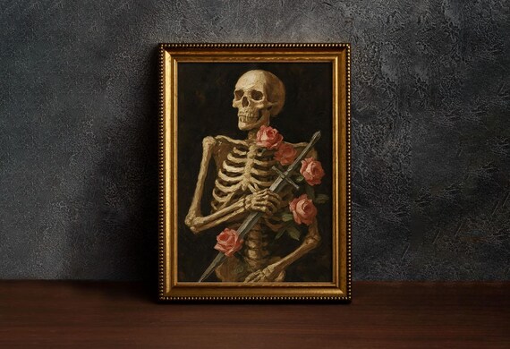 Gothic Skeleton Sword Roses Print Vintage Skelecton Halloween Art Spooky Wall Decor Creepy And Horror Poster