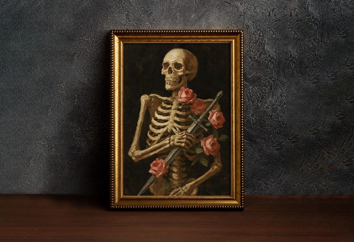 Skeleton with Sword and Roses Dark Academia Oil Painting Print
