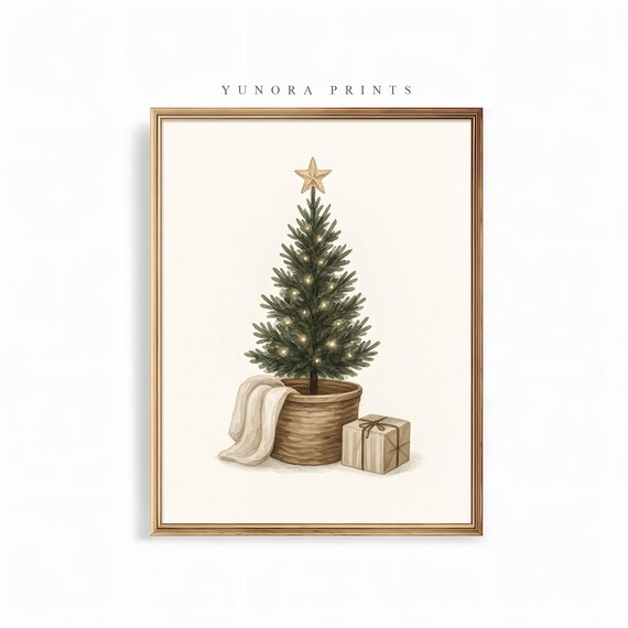 Minimalist Christmas Tree With Gold Star Neutral Holiday Poster