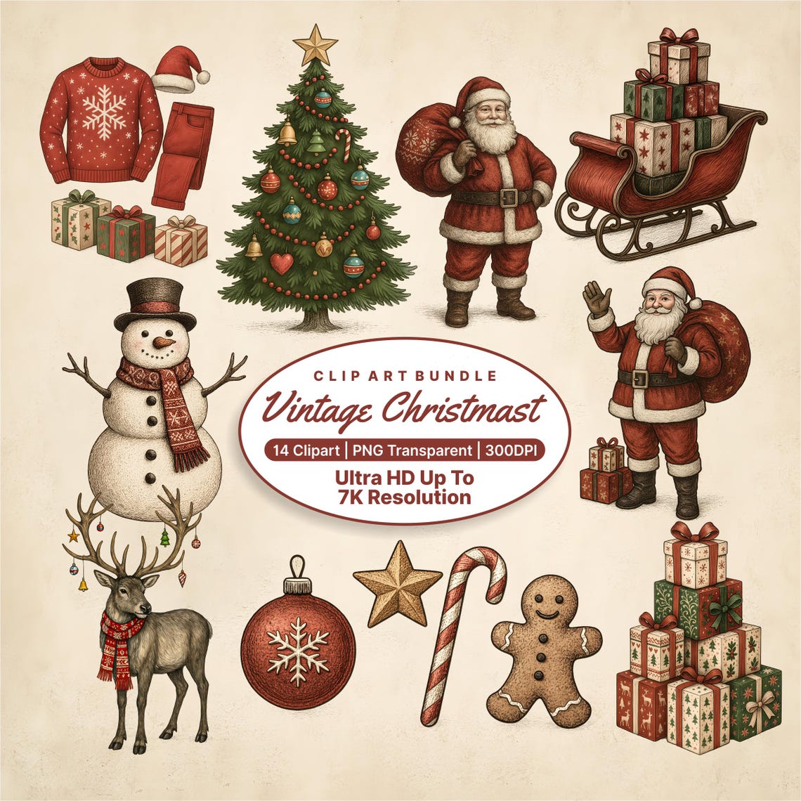 Vintage Christmas Clipart Bundle Santa Tree Snowman 14 Piece Print